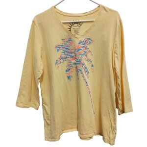 Sun Bay Sunny Day Tech UPF 30 Top Womens Large Yellow Palm Tree 3/4 Sleeve